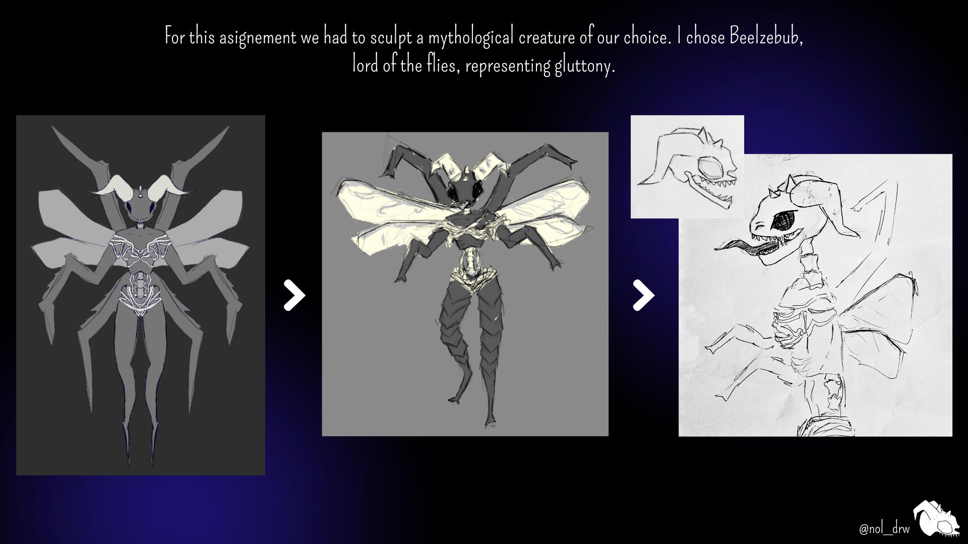 Design reserch for Beelzebub, lord of the flies, representing gluttony.