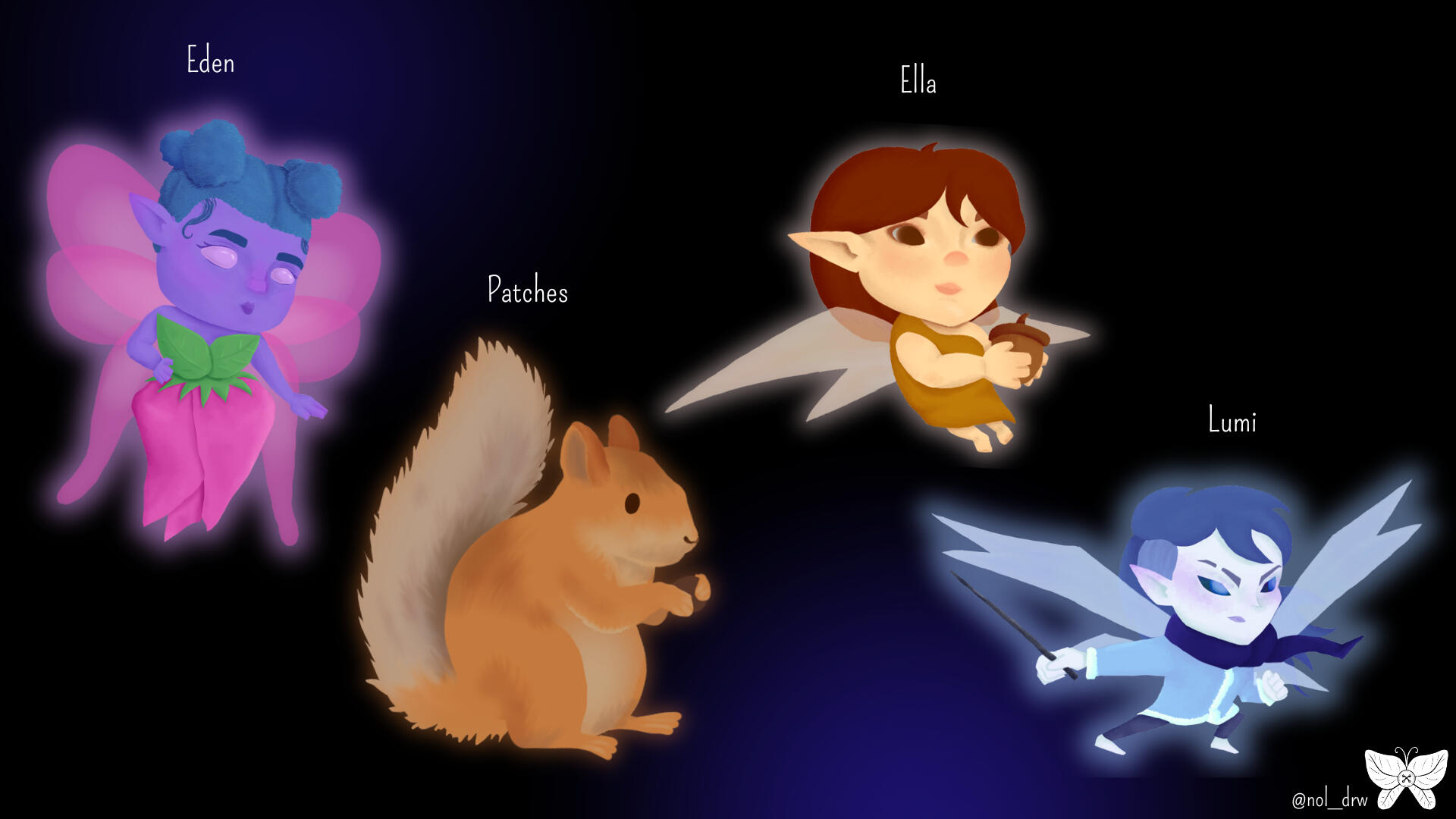 Chiquiticas: charcter line up. Eden (spring fairy), Patches (squirell), Ella (autumn fairy) and Lumi (winter fairy).